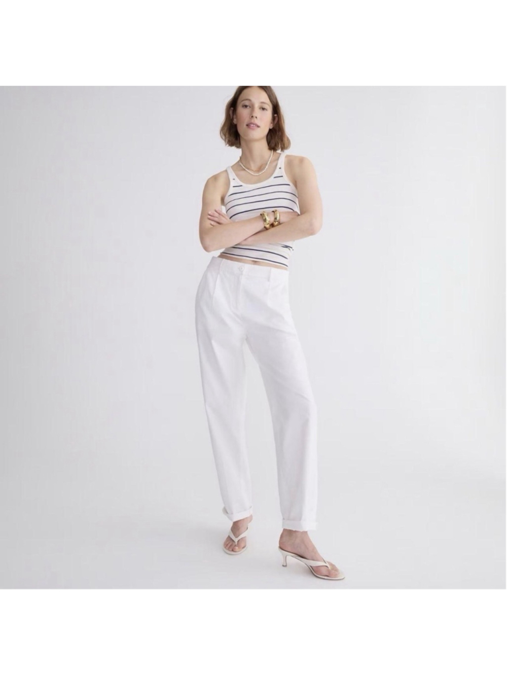 J.Crew Maritime Tapered Ripstop High-Waisted White Cotton Pleated Chino Pants 2
